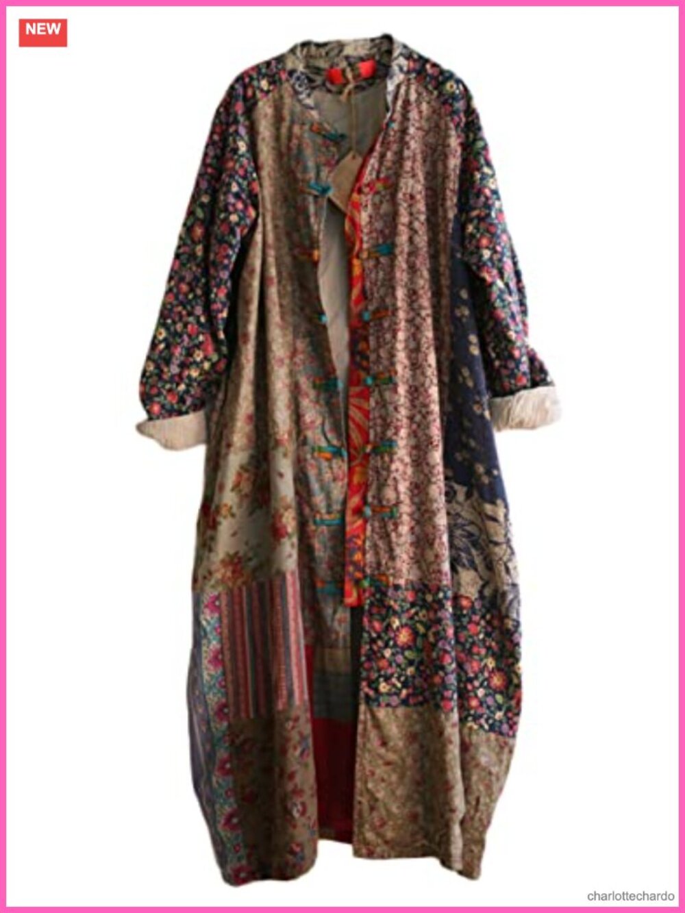 Women's Long Cotton Linen Floral Trench Coat Patchwork Cottagecore Jacket Unique